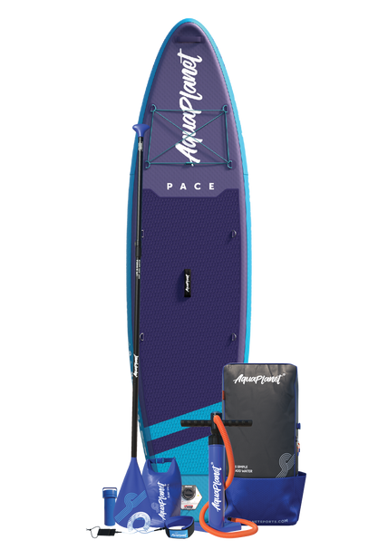 Aquaplanet PACE 10'6″ aufblasbares Paddle-Board-Paket – Blaugrün/Mitternacht